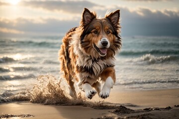 Running on the beach, a muscular and swift Rough Collie dog
