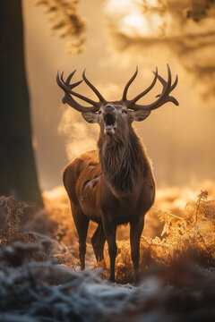 cerf en train de bramer dans la foret au petit matin
