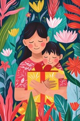 Tender scene of a mother and child expressing love through a thoughtful gift.