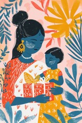 Playful illustration showcasing the joy of a mother and kid on this special day.