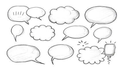 Pencil-drawn doodle speech bubbles of different shapes on a white background.