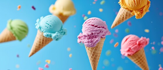 Assorted colorful ice cream cones mid-air with vibrant sprinkles and playful color bursts against a blue sky background