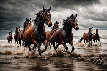 herd of red black white horses running on the beach storm - obrazy, fototapety, plakaty