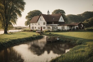 Obraz premium A farmhouse by the river and Holstein cows