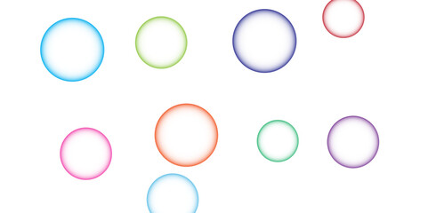 Many beautiful soap gradient circles with pastel color palette bubbles on white background. Multi-colored drops, colored liquid set. Vector illustration. Empty circle sticker collection.