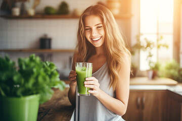 Fit woman with glass filled with vegetable smoothie in hand. Woman exemplifies synergy between fitness and nutrition showing dedication to balanced lifestyle, sunlight