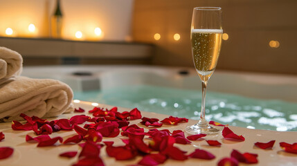 A luxury bubbly jacuzzi adorned with rose petals, next to champagne flutes and a bottle, evoking a romantic ambiance for valentines day or dating - obrazy, fototapety, plakaty