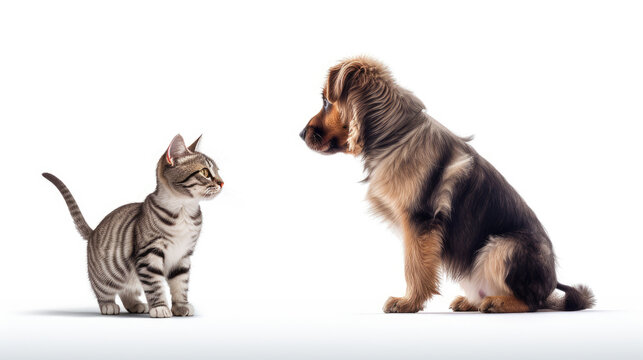 Friendship photo of cat and dog looking at each other