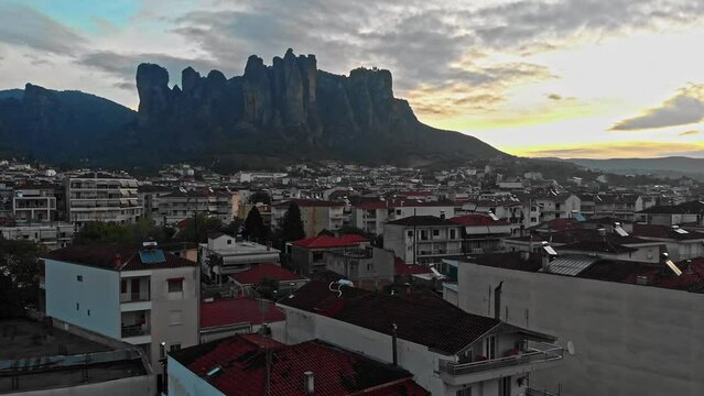 Greece sunrise in meteora above the city