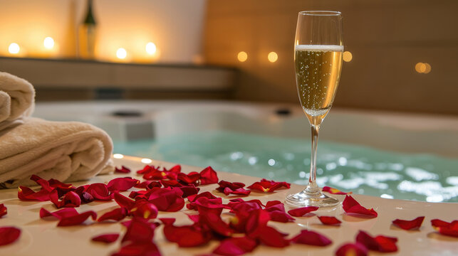 A luxury bubbly jacuzzi adorned with rose petals, next to champagne flutes and a bottle, evoking a romantic ambiance for valentines day or dating