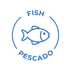 Simple Isolated Vector Logo Badge Ingredient Warning Label. Colorful Allergens icons. Food Intolerance Fish. Written in Spanish and English
