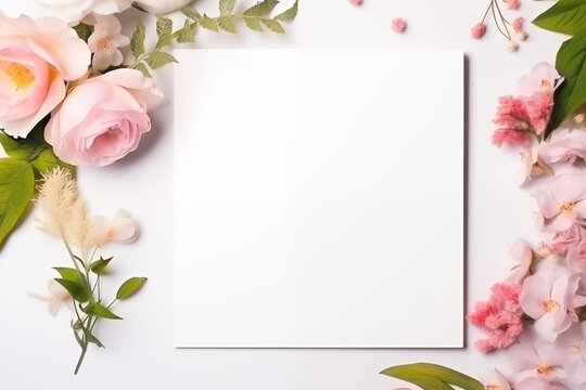 Top view of a blank card surrounded by soft pink flowers, ideal for wedding or greeting designs.