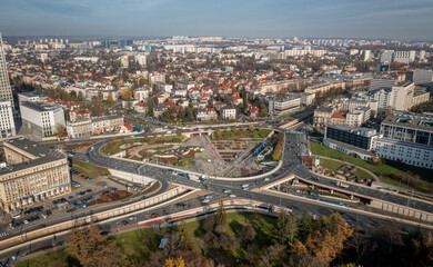 Cracow aerial view of Grzegorzki  and  Mogilskie roundabout. Transport junction, city traffic in a...