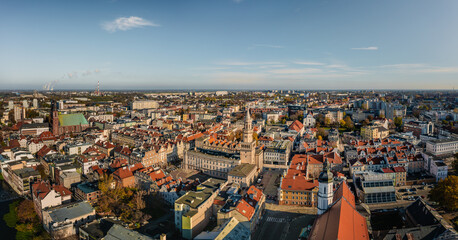 Fototapeta na wymiar Opole, panoramic aerial view of Old Town and Market Square with town hall. Panorama of centre city. Upper Silesia, Poland, Europe.