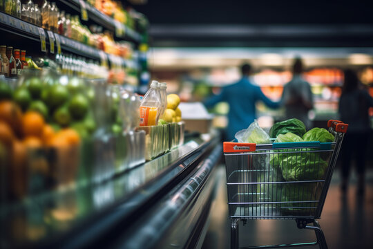 Grocery Shopping With Focus On Healthy Vegetarian Food. Filled Cart With Abundance Of Fresh Vegetables Emphasizing Commitment To Vegetarian Lifestyle