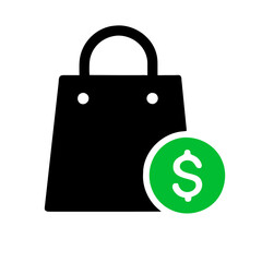Online shopping icon. Illustration of a bag and a dollar sign next to it. Vector illustration isolated on white
