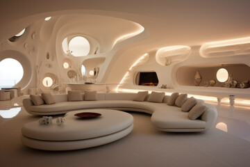 Futuristic living room interior with light colors armchairs and decors