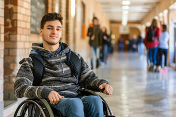 Male student in the school hallway  in a wheelchair
