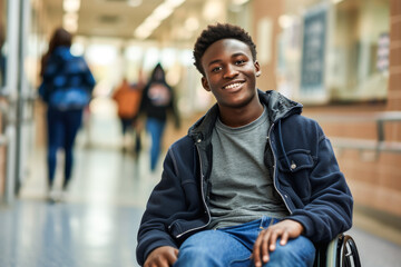 Male student in the school hallway in a wheelchair