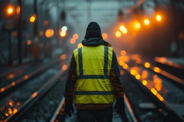 Railroad Worker Walking Between Gleaming Tracks