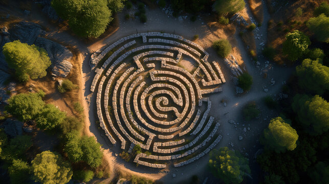 Aerial view of an ancient stone maze