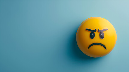 Blue Monday concept.Yellow sad emoji face on light blue background, copy space, generative ai