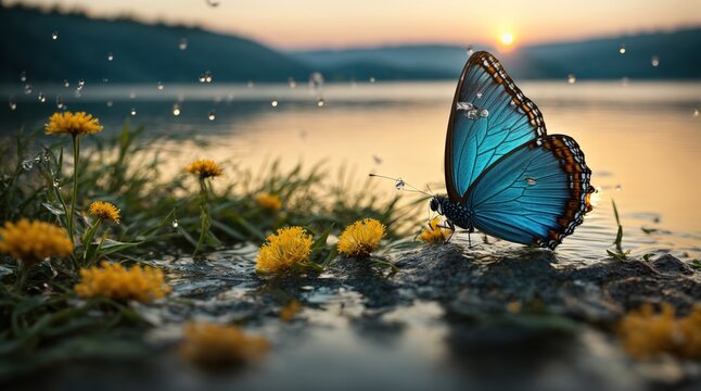 Fototapeta  Morpho butterfly and dandelion near the lake, Seeds of a dandelion flower in drops of water on a background of sunrise on the lake