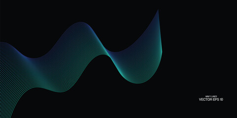 Vector wavy lines pattern smooth curve flowing dynamic blue green gradient light isolated on black background for concept of technology, digital, communication, science, music.