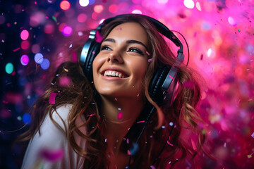 Portrait of a young cheerful person listening to music isolated on vibrant colorful backdrop generative AI