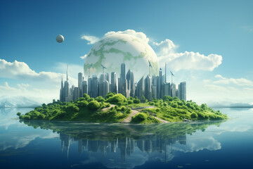Futuristic Cityscape with Earth and Moon in the Sky