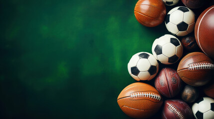 Variety of sports balls on green background, top view. Copy space. Sport advertising concept....