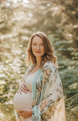 pregnant woman in the park in a natural forest setting