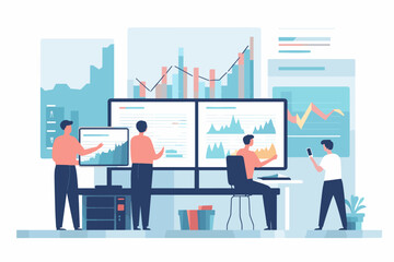 Financial Investment and Stock Market Concept, Traders Analyzing Data Charts, Growth in Equity and Assets, Business and Finance Vector Illustration.