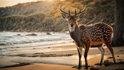 sika deer standing on beach