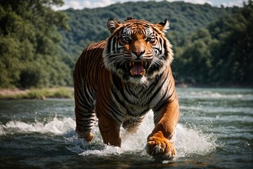  sumatra tiger roaring in the lake