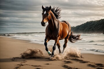 The bay horse gallops running on the beach