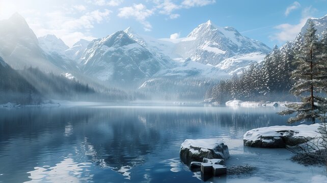 a wonderful image made by artificial intelligence of a winter landscape with snowy mountains