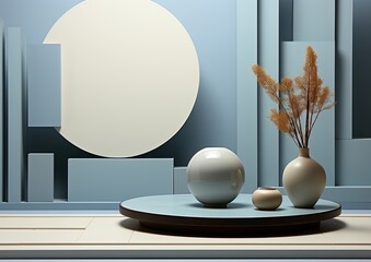 Interior of a room with product podium and vase. Created with Ai