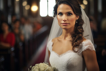 Naklejka premium Generative ai collage portrait of happy stunning gorgeous bride lady in white perfect wedding dress