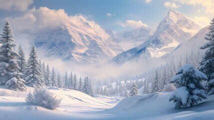 Fototapeta na wymiar a wonderful image made by artificial intelligence of a winter landscape with snowy mountains