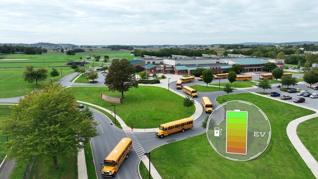 Electric buses with battery status icon. Aerial of eco-friendly public transport of students in USA. EV graphic charging icon with yellow buses leaving American school