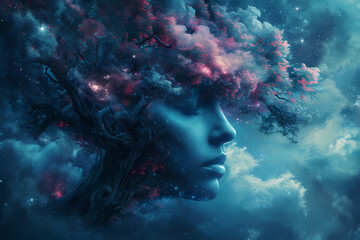 A woman's serene face gazes up at the majestic tree, her connection to nature reaching beyond the sky