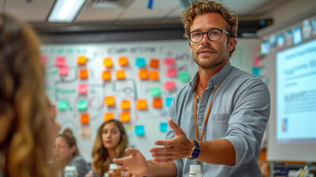 Male coach, passionately guiding a team through a spirited dialogue. The whiteboard illustrate the collaborative brainstorming. Exchange of ideas, innovation and strategize a marketing plan.