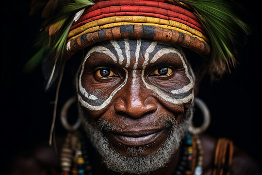 Generative AI close up photo of confident man native african tribe traditional pattern on face