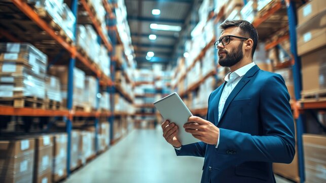 Close up caucasian male manager wearing glasses in light warehouse distribution logistic centre holding tablet