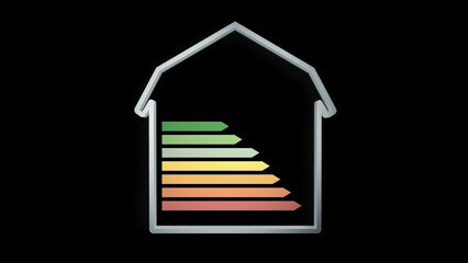 Energy efficiency classes develop over house 3D illustration on black background, concept climate-friendly house construction