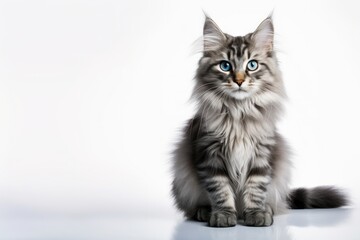 Fototapeta premium Funny large longhair gray tabby cute kitten with beautiful blue eyes. Pets and lifestyle concept. Lovely fluffy kitty on grey background.