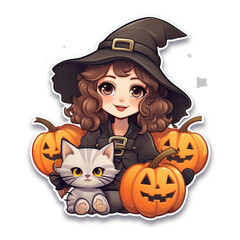 Halloween cute witch and pumpkin face sticker isolated white background