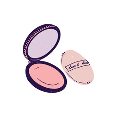 Round powder packaging with sponge. Open compacts, cute blush. Beauty accessory. Professional visage supplies. Decorative cosmetics for makeup. Flat isolated vector illustration on white background