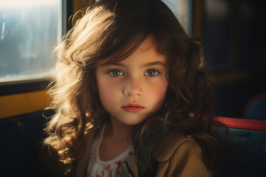 AI generated picture photo of adorable charming girl riding on a bus traveling in the city